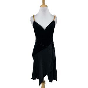 Vintage Bebe Dress Womens Small Black Velvet Gold Chain Strap Asymmetrical Wrap